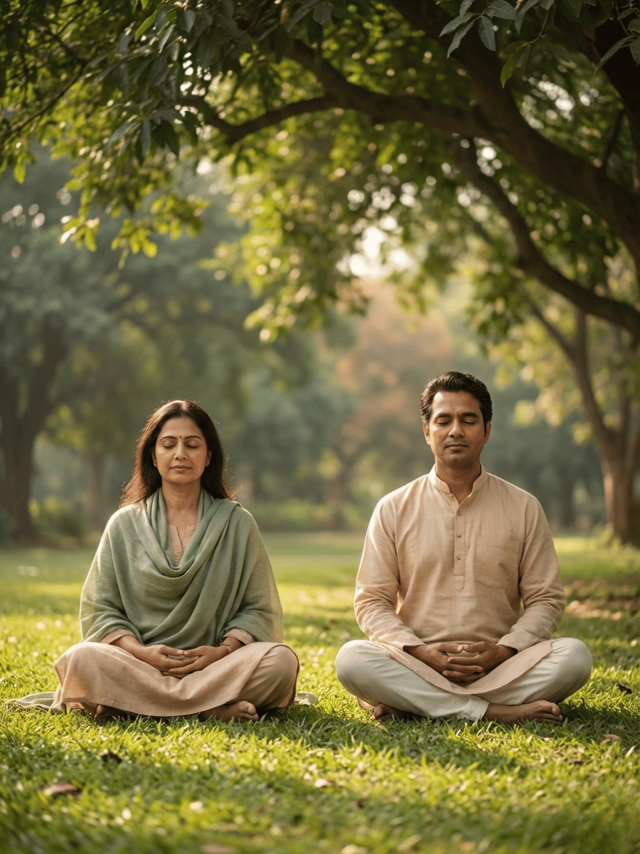 Couple practicing guided meditation in nature for spiritual healing and past life regression therapy