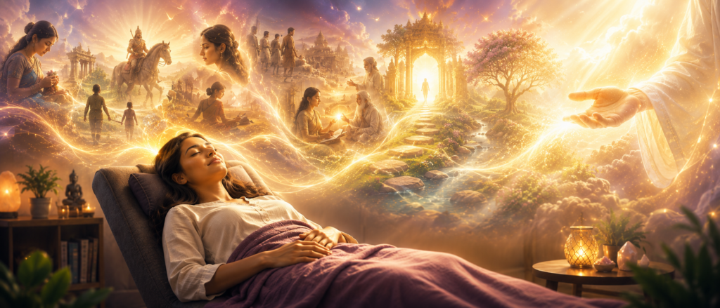 A person experiencing a peaceful Past Life Regression session, finding spiritual clarity, healing and answers through divine guidance.