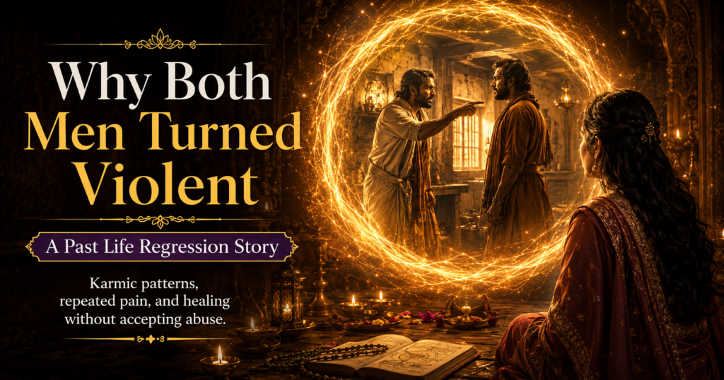 Cinematic image for a Past Life Regression story about a woman, two violent relationships, and karmic patterns from a past life