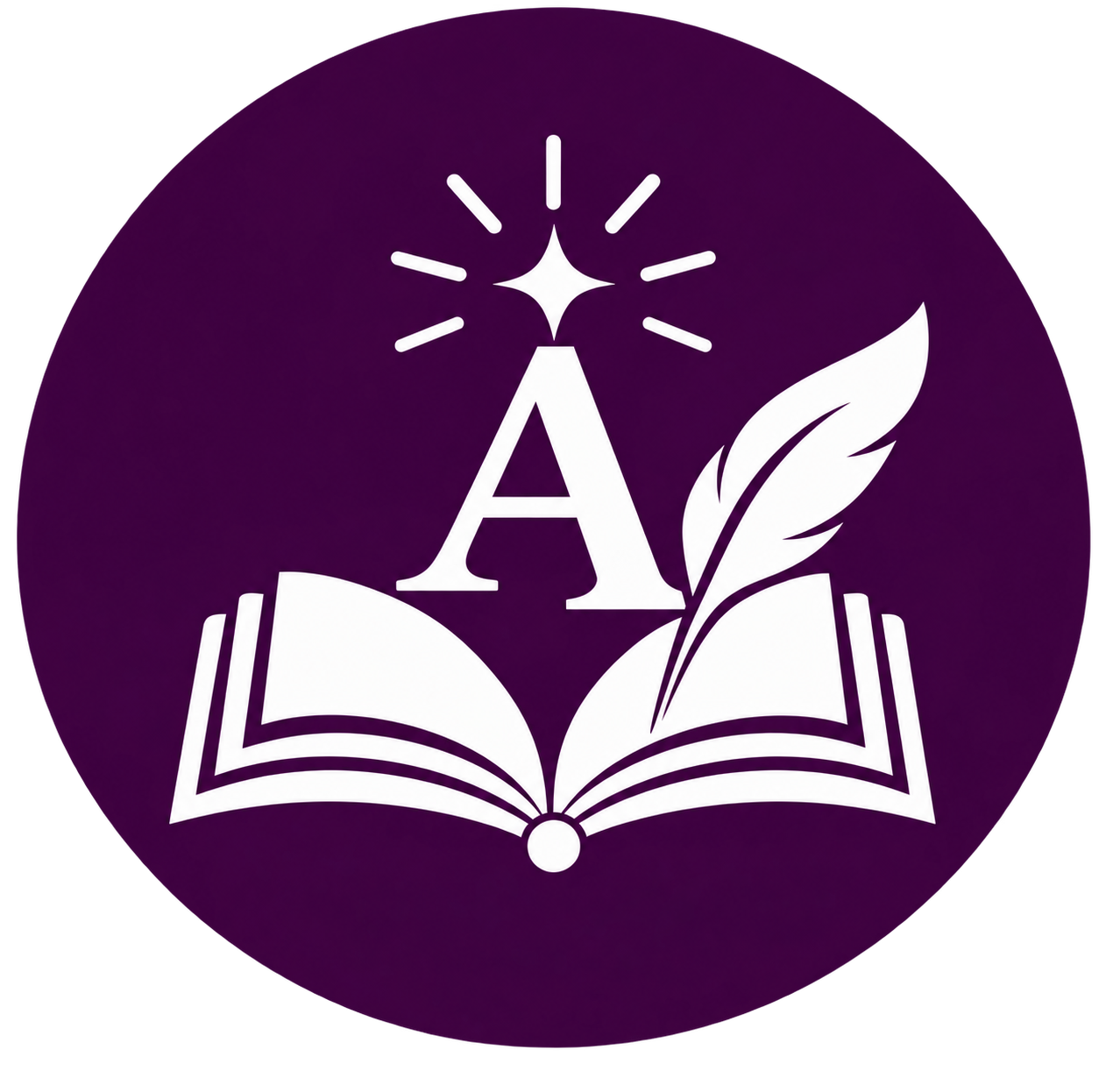 English spiritual articles icon with open book, letter A and writing quill