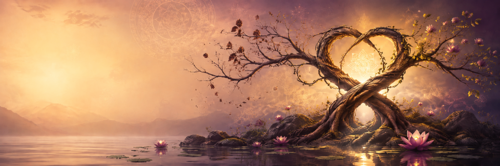 Symbolic karma and relationships tree with lotus flowers and divine patterns