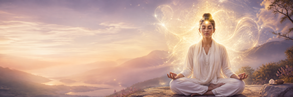Woman meditating in white with divine light and glowing forehead star