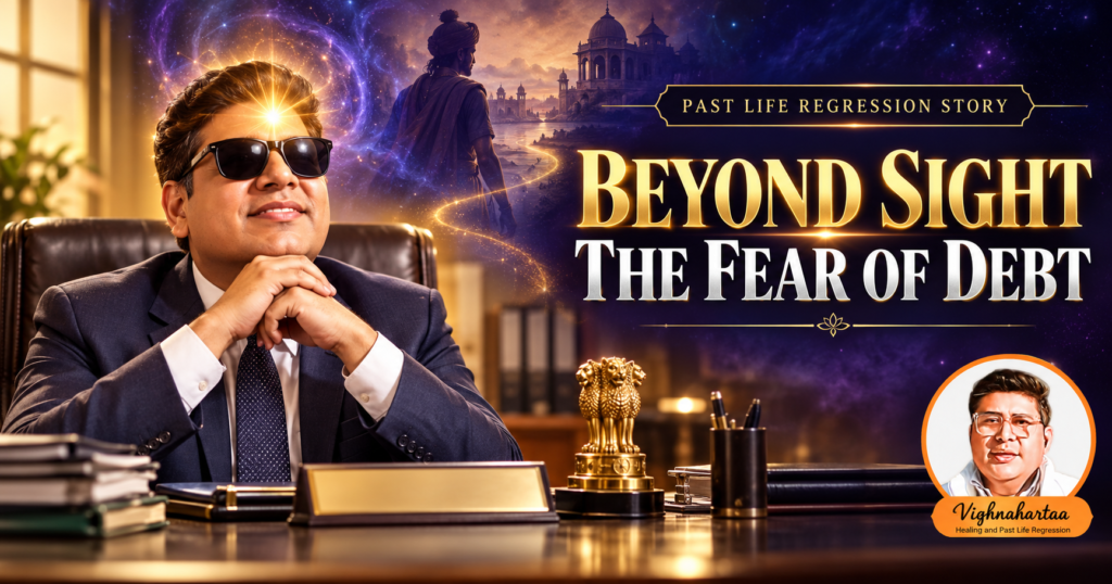 Illustrated smiling Indian government officer wearing dark glasses at his desk, with a golden light above his head and the words “Beyond Sight: The Fear of Debt.