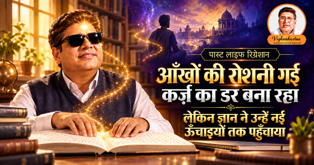 काले चश्मे पहने एक व्यक्ति ब्रेल पुस्तक पढ़ रहा है; उसकी उँगलियों से सुनहरी रोशनी उठ रही है। चित्र पर लिखा है: आँखों की रोशनी गई, कर्ज़ का डर बना रहा, लेकिन ज्ञान ने उन्हें नई ऊँचाइयों तक पहुँचाया।