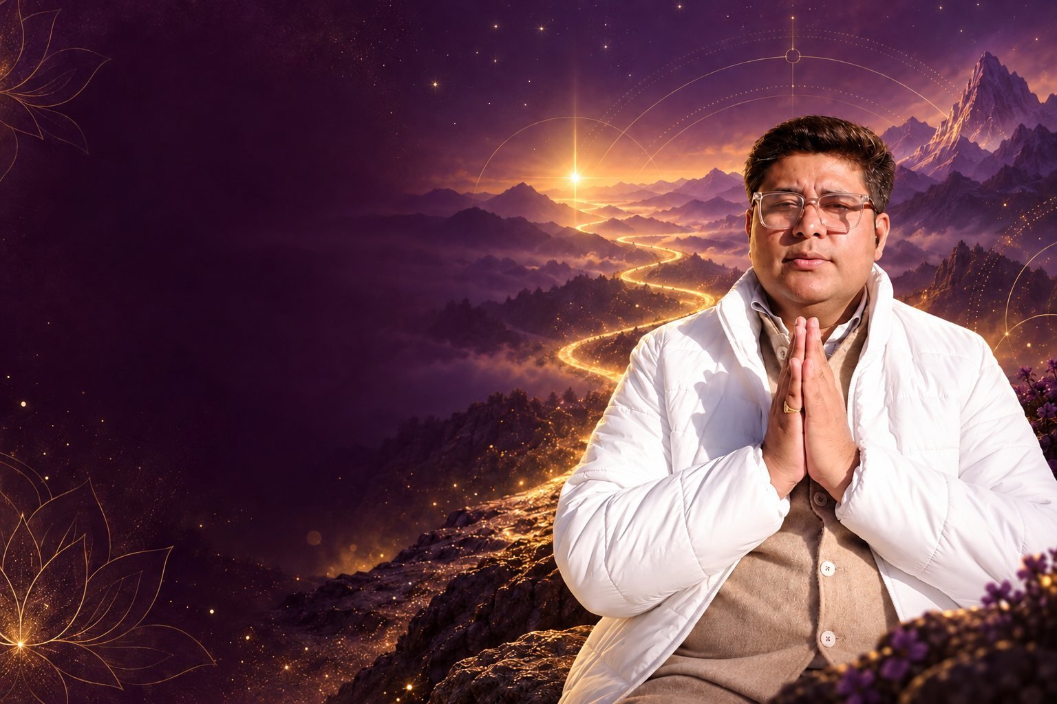 Hitesh Chhabra with folded hands against a symbolic violet mountain landscape and golden path