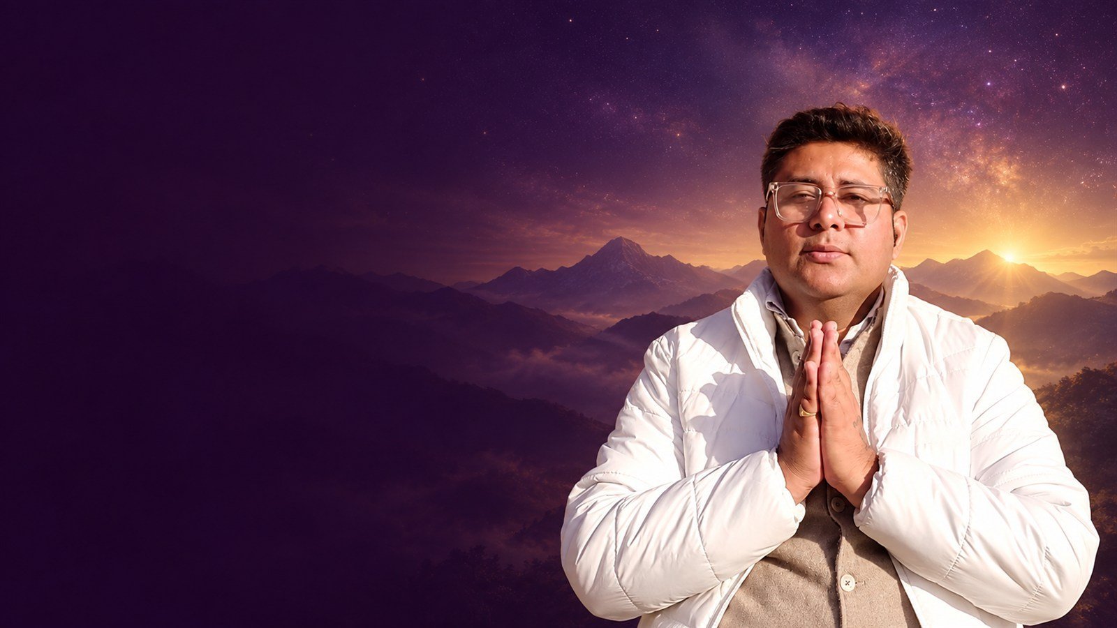 Hitesh Chhabra with folded hands against a symbolic violet-and-gold mountain backdrop.