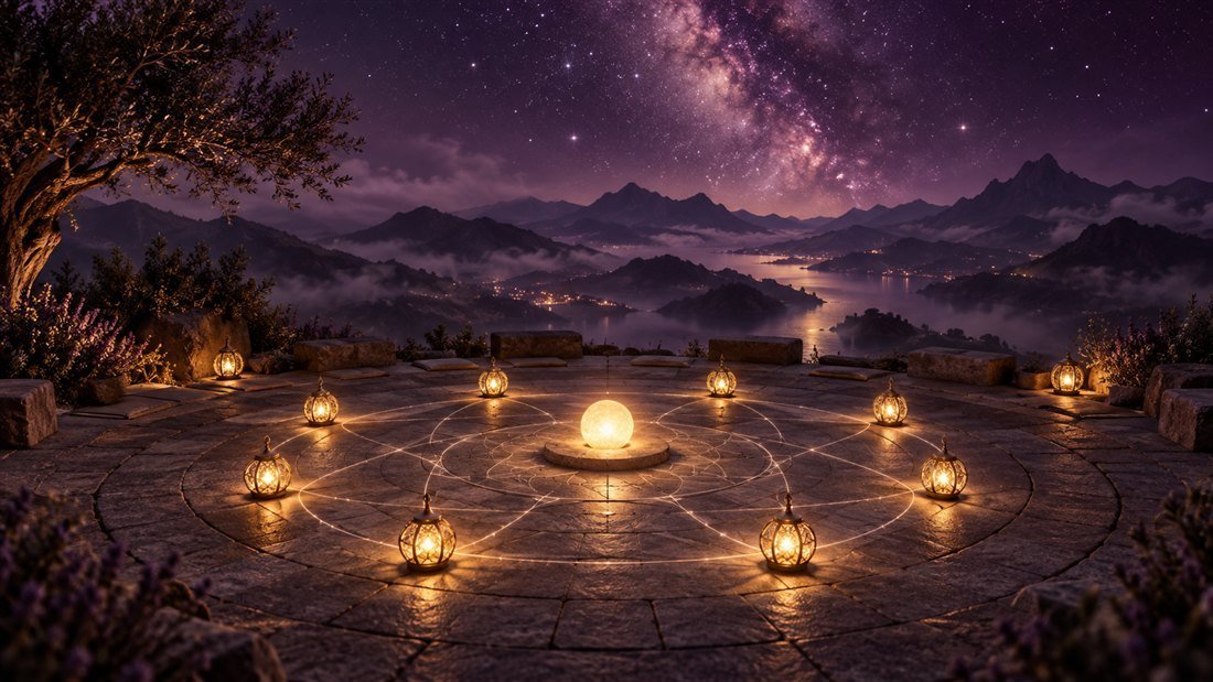 Symbolic circle of warm lanterns around a shared light beneath a star-filled sky.