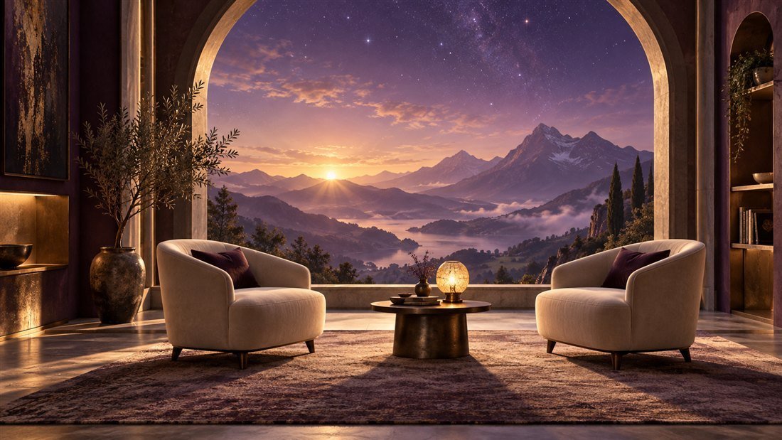 Two equal seats beside an arched window overlooking violet mountains at dawn.