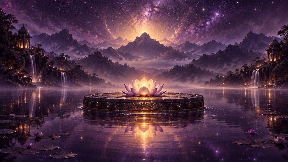 Symbolic luminous lotus reflected in a still violet lake beneath a cosmic sky.