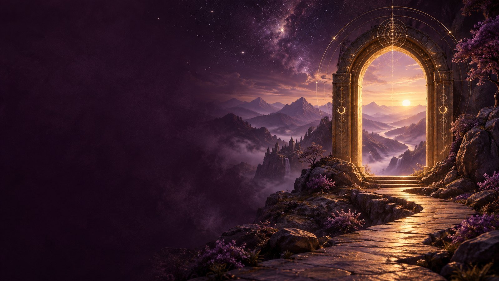 Symbolic golden doorway opening onto violet mountain valleys and a path toward dawn.