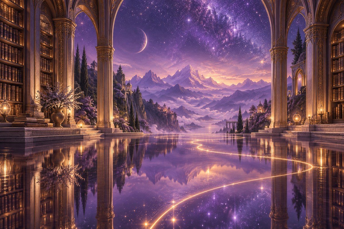 Symbolic celestial library opening onto violet mountains and reflective water with golden light.