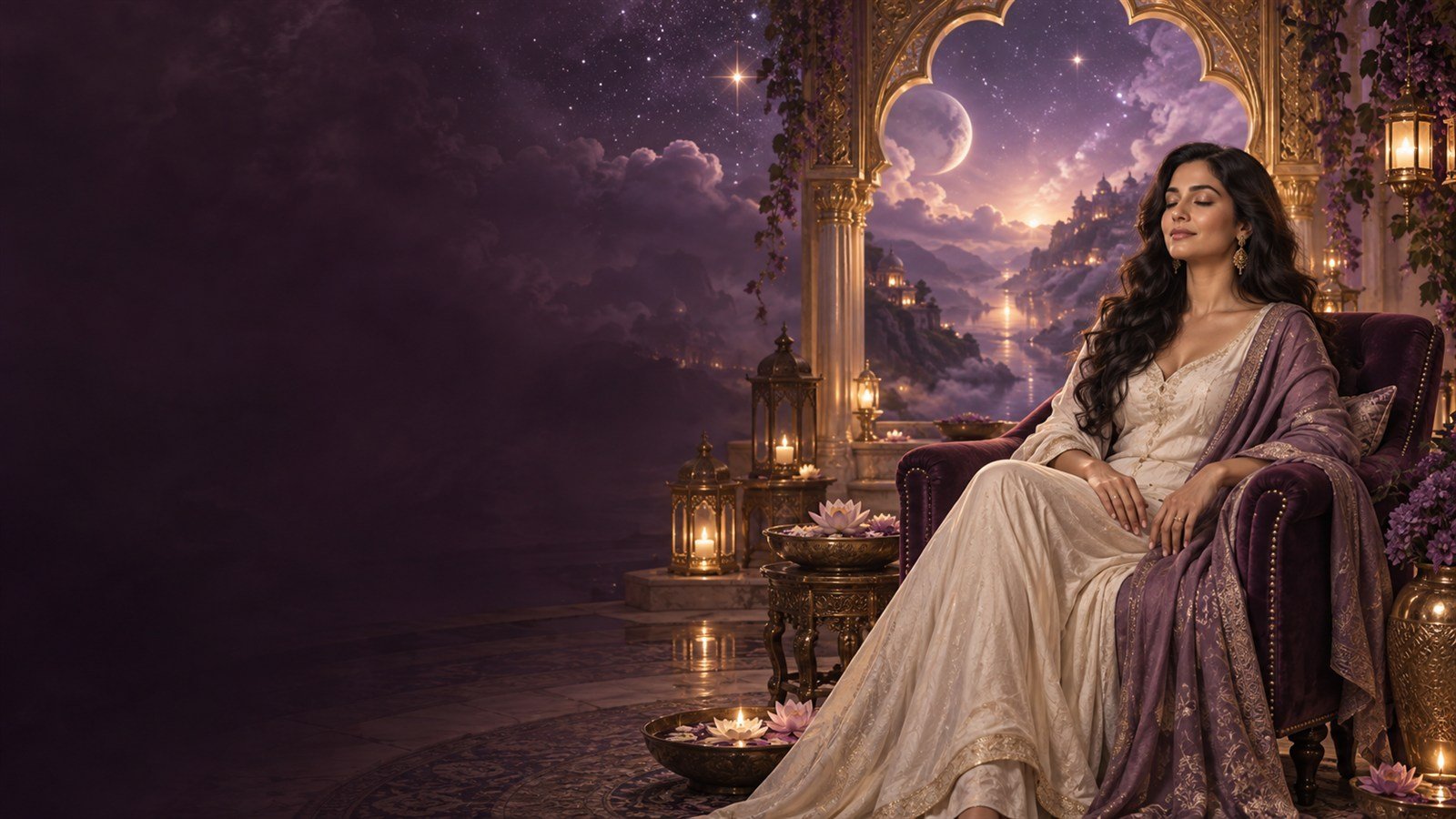 Symbolic illustration of a woman resting comfortably in a violet sanctuary beneath a golden arch.