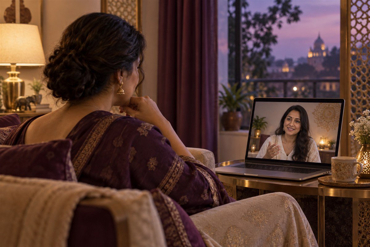Illustration of a woman speaking with a spiritual practitioner through a laptop video call.