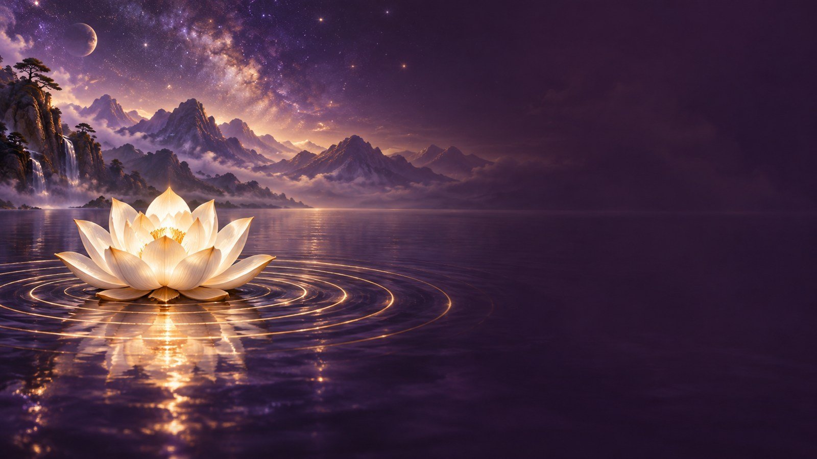 Symbolic ivory lotus floating on violet water beneath a star-filled sky.