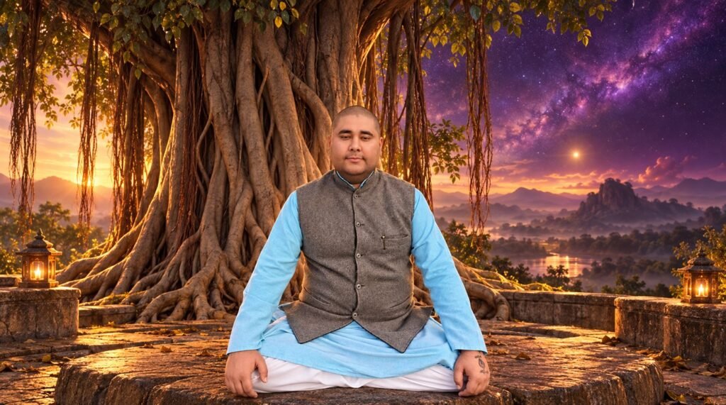 Hitesh Chhabra seated beneath a banyan tree in a symbolic cosmic scene with violet skies and golden light.