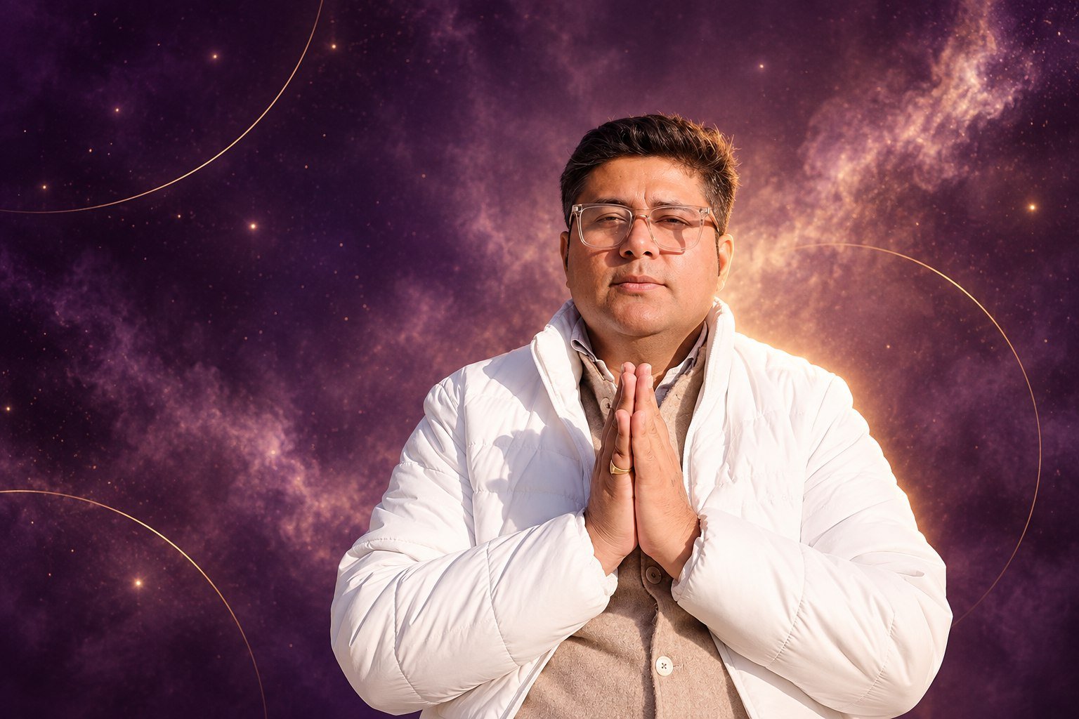 Hitesh Chhabra with hands folded against a purple cosmic background, for his article on inner freedom.