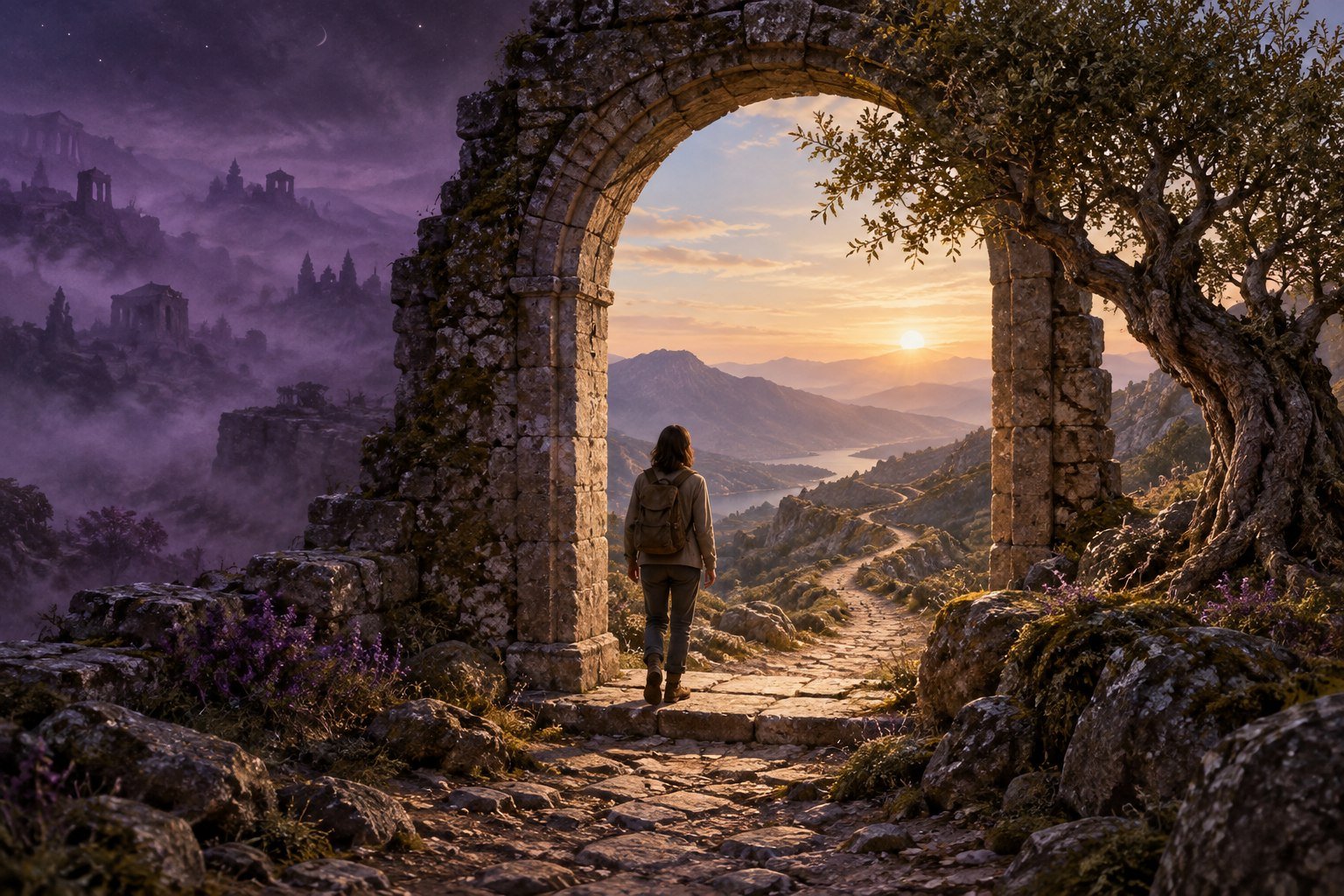 A person stepping through a stone arch toward a sunlit mountain path, symbolizing inner freedom and present-day choices.