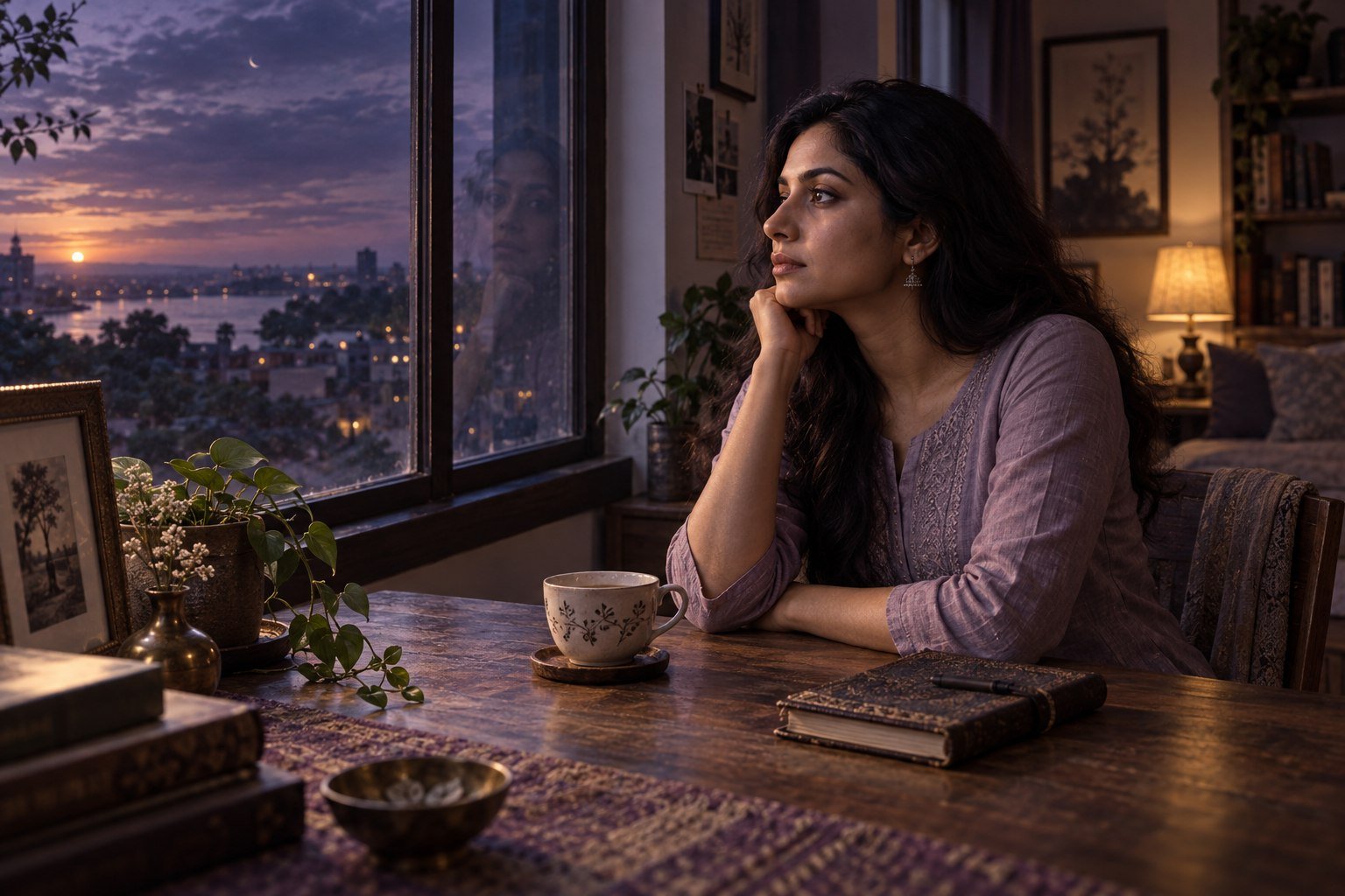 A woman quietly reflecting beside a window at violet dusk, with a cup of tea on the table.
