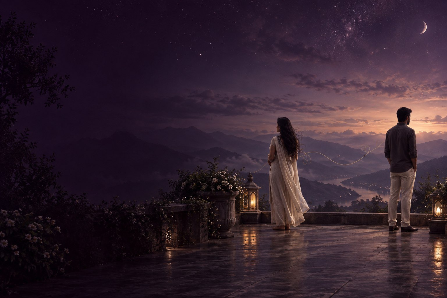 Two people standing apart on a violet twilight terrace, symbolizing karma, painful relationships and personal boundaries.