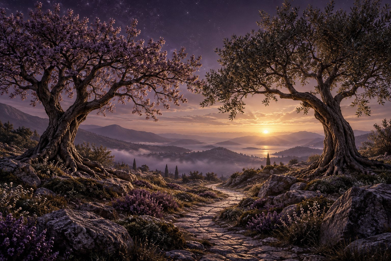 Two trees with space between their branches frame a path toward a golden dawn beneath a violet sky.