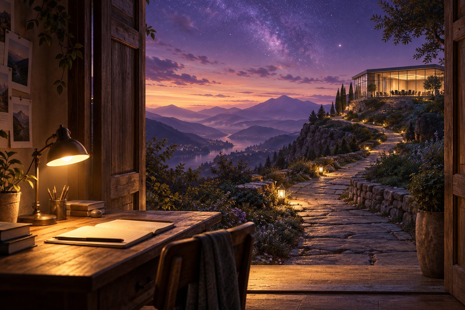 A school notebook and warm lamp beside a doorway opening onto a winding purple mountain path.