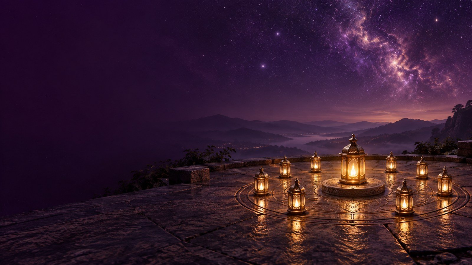 A circle of glowing lanterns beneath a violet night sky, symbolising shared reflection and connection.