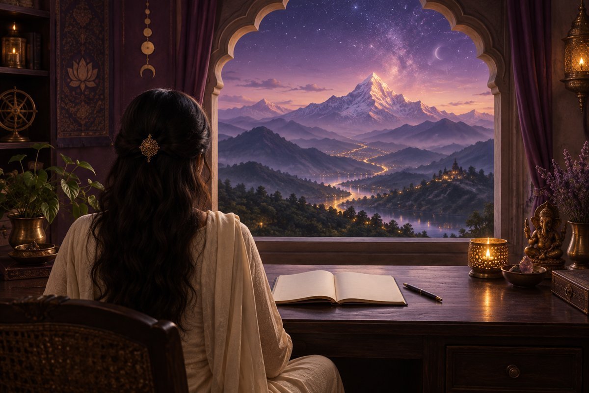 Symbolic illustration of a practitioner with an open journal overlooking violet mountains and a golden path.