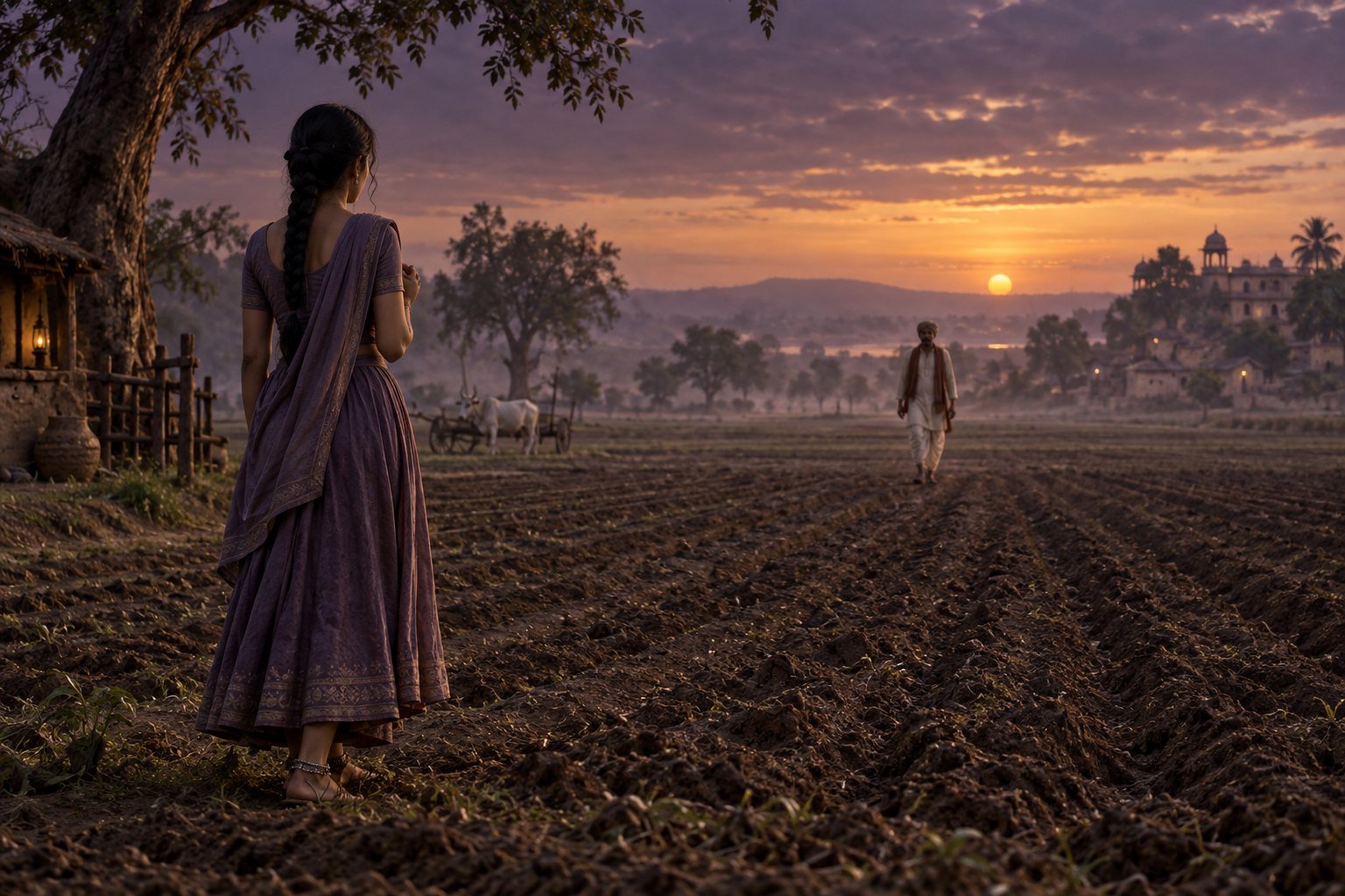 Symbolic scene of a young village woman in a ploughed field with a landowner approaching in the distance.