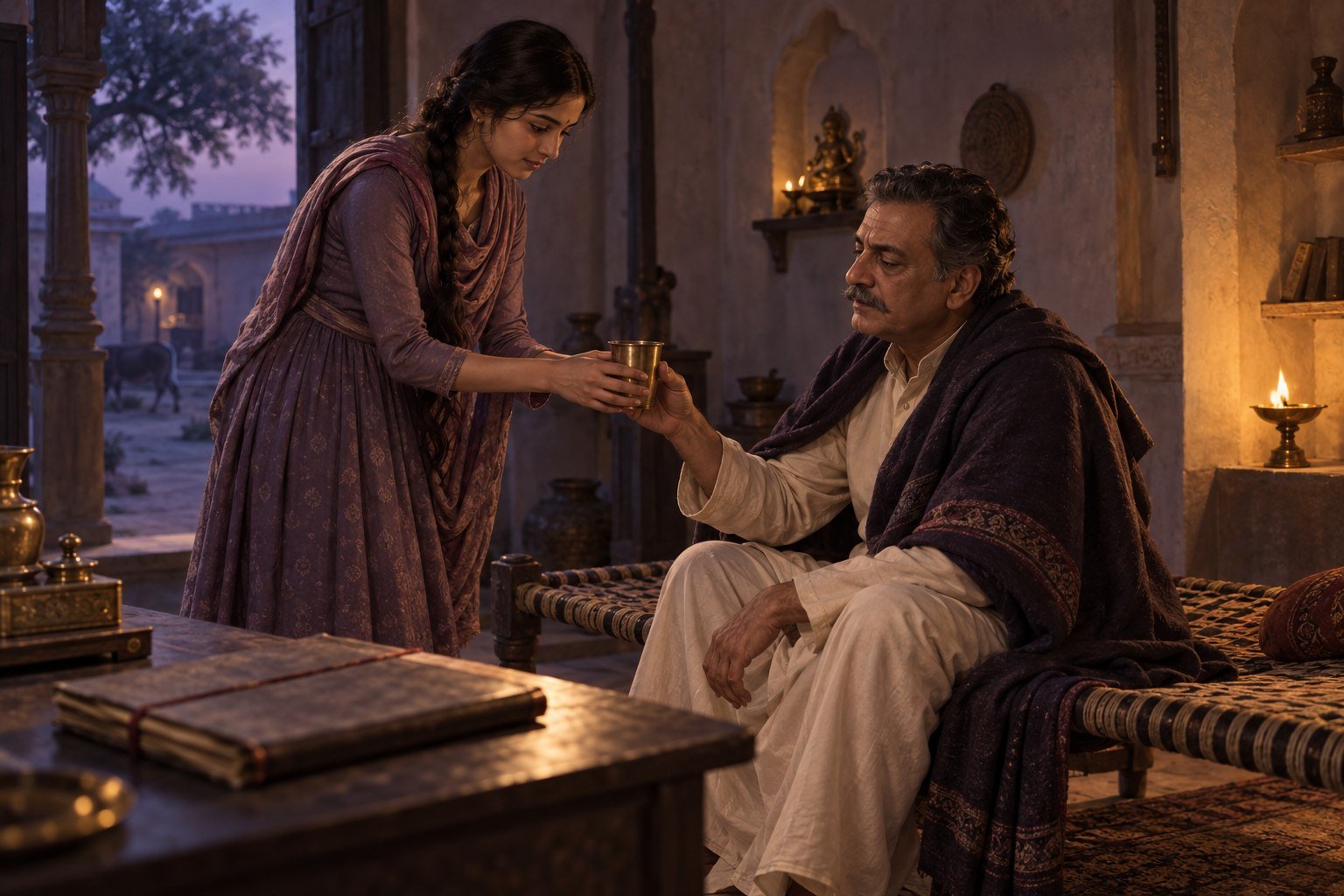 Symbolic illustration of a young woman offering water to an older landowner, reflecting care and remorse.