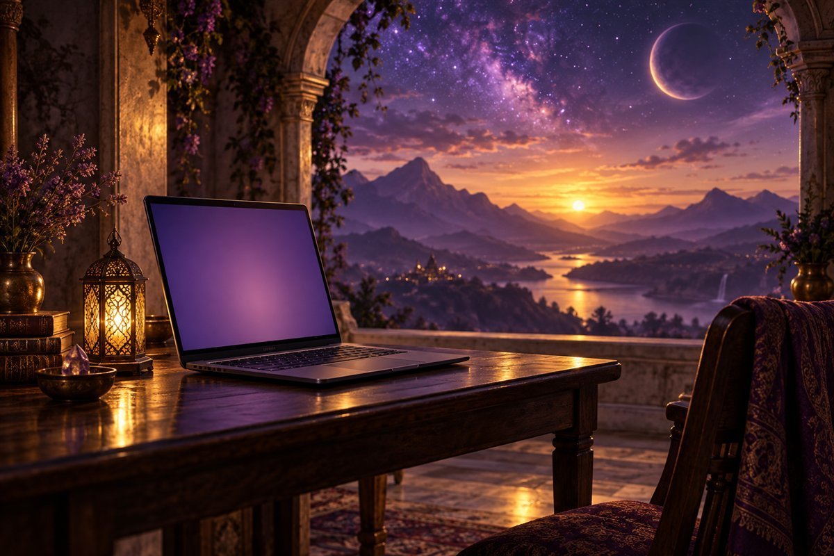 Symbolic illustration of a laptop and lantern beside an arched window overlooking a violet cosmic landscape.