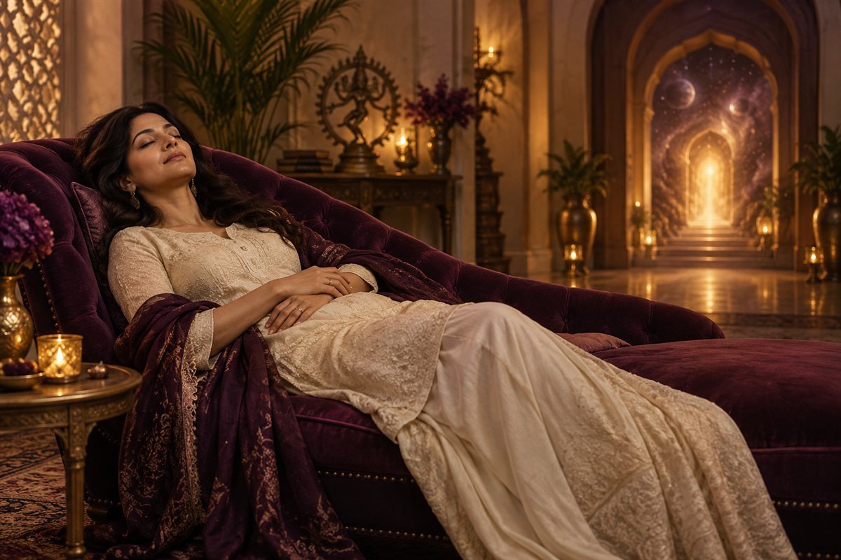 Symbolic illustration of a relaxed woman reclining in a softly lit room with a luminous golden doorway.