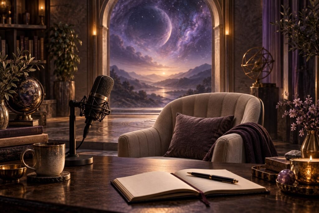 A podcast microphone and open journal beside a luminous arch under a violet cosmic sky.