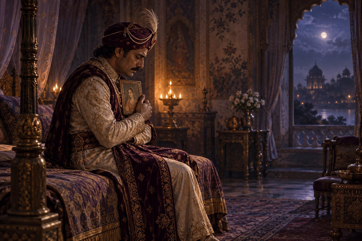 Symbolic illustration of a grieving king holding a portrait