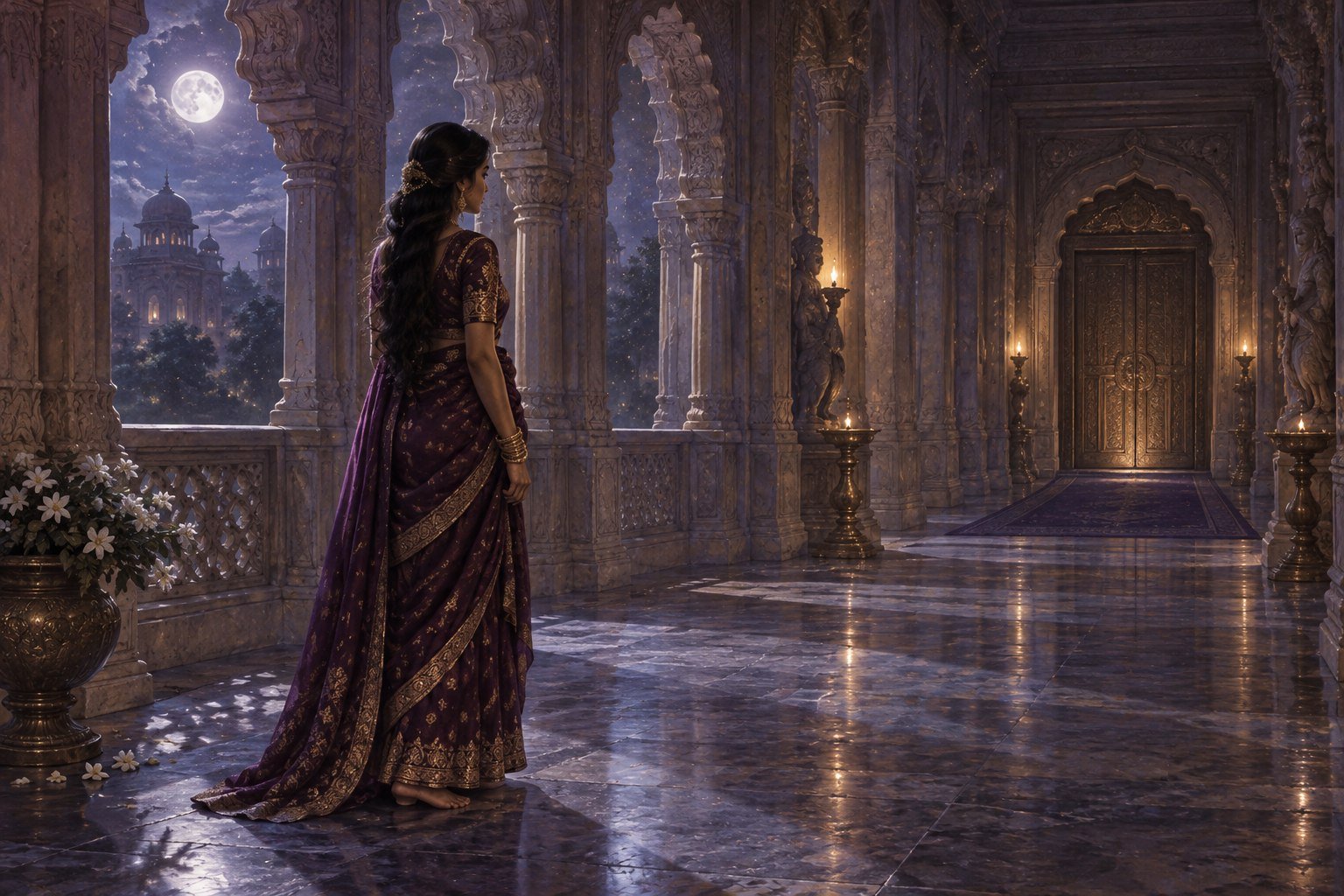 Symbolic illustration of a queen in a moonlit palace corridor