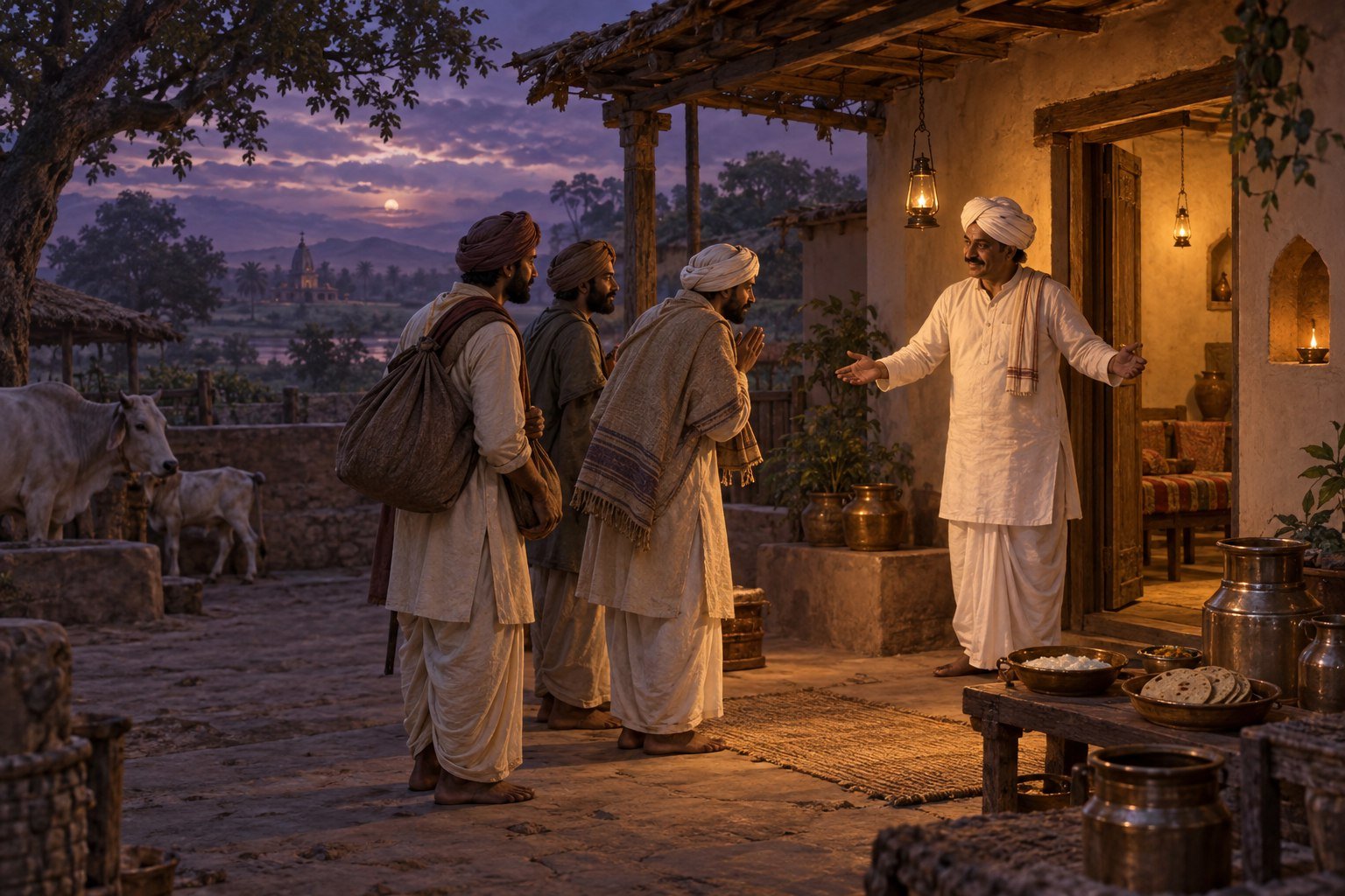 Symbolic illustration of a landowner welcoming travelers into a lamp-lit courtyard, with food and dairy vessels.