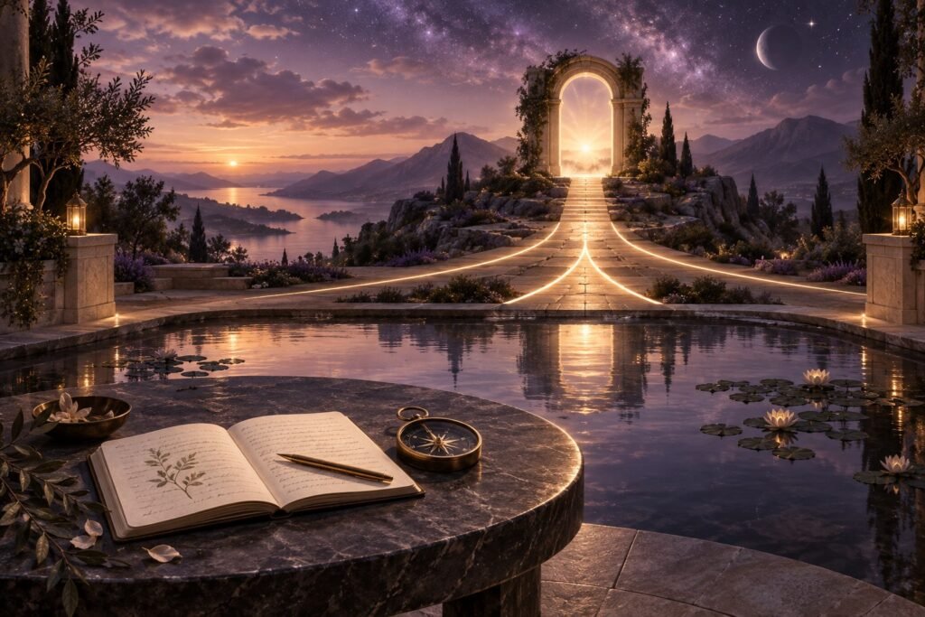 An open notebook and compass beside a reflective pool where three paths of light meet beneath a violet sky.