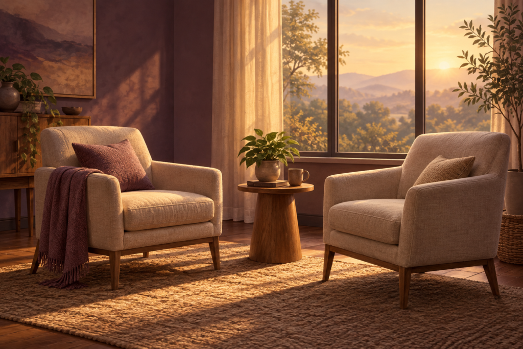 Illustrative conversation space with two armchairs in warm morning light, not actual premises