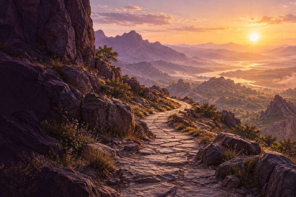 Illustration of a stone path through purple mountains toward a warm dawn horizon