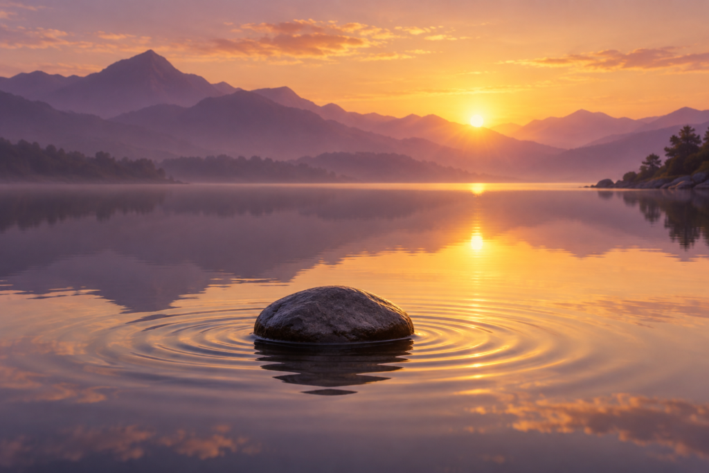 Illustration of gentle ripples around a stone on a still lake at sunrise
