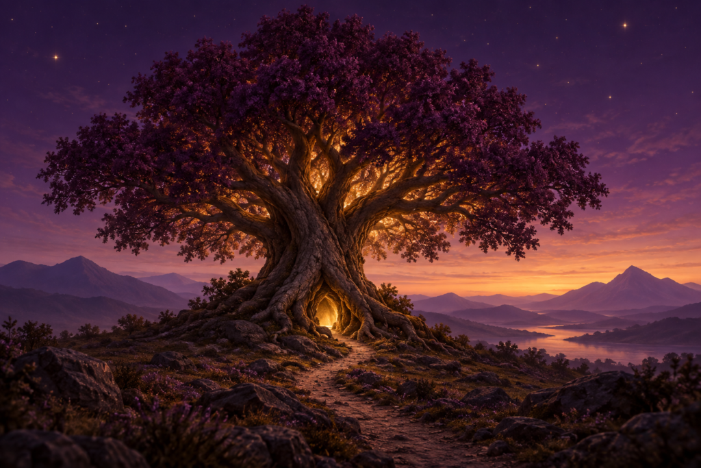 A spreading tree with warm light among its roots, symbolising knowledge and inner growth
