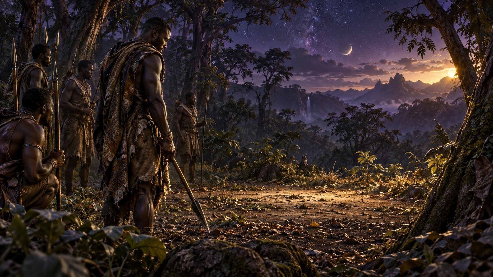 Imagined hunting party pausing in a forest clearing under violet and gold light.