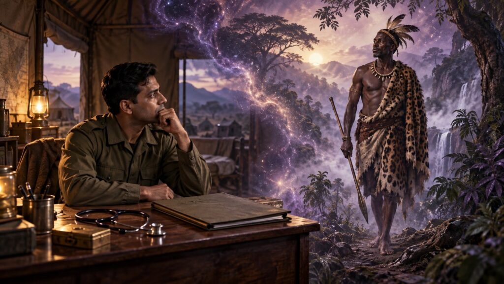 Symbolic artwork of an army doctor reflecting beside an imagined African hunting leader.