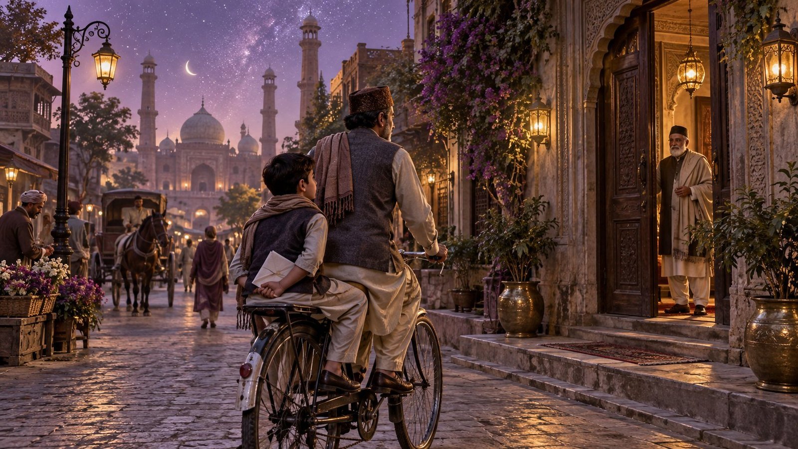 Symbolic scene of a young messenger on a bicycle in a pre-Partition Lahore street.