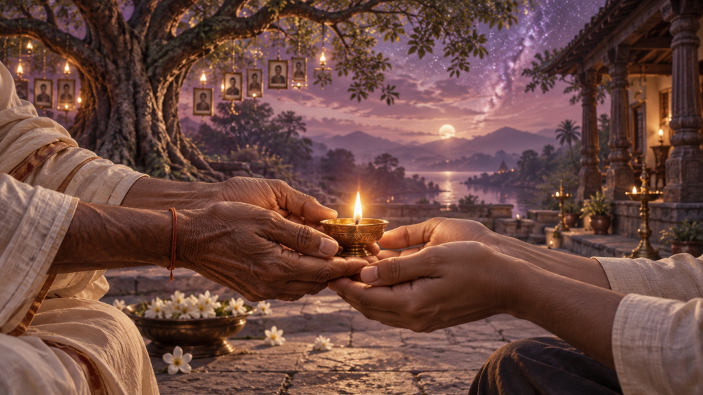 कृतज्ञता का सांकेतिक दृश्य: बुजुर्ग हाथों से अगली पीढ़ी तक पहुँचता दीपक