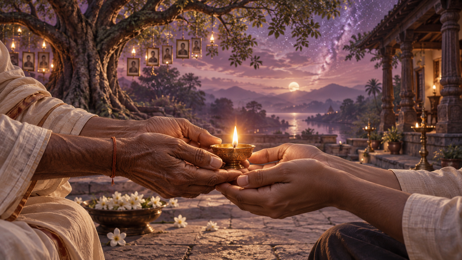 कृतज्ञता का सांकेतिक दृश्य: बुजुर्ग हाथों से अगली पीढ़ी तक पहुँचता दीपक