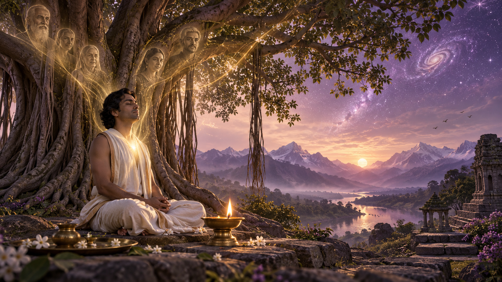 पारिवारिक गुणों का सांकेतिक दृश्य: साधक और प्रकाश से आलोकित वंश वृक्ष