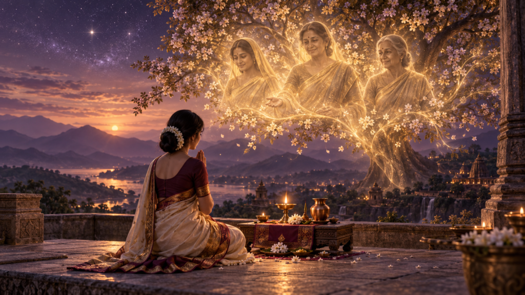 A woman offering gratitude before a lamp beneath a luminous tree of maternal ancestors — symbolic Pitru Paksh Seva Day 8 illustration