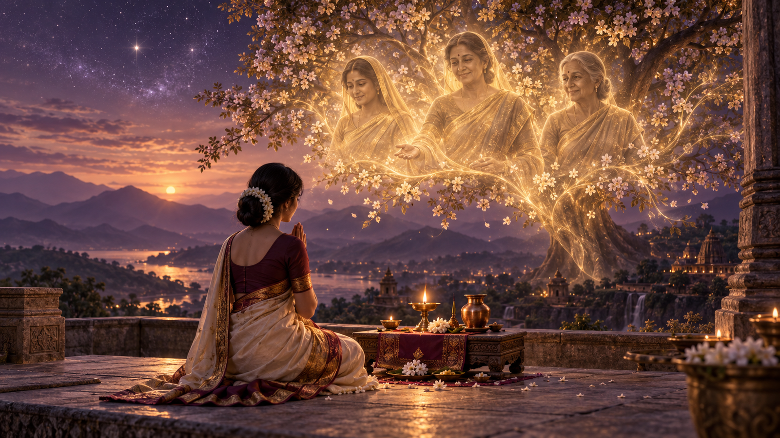 A woman offering gratitude before a lamp beneath a luminous tree of maternal ancestors — symbolic Pitru Paksh Seva Day 8 illustration