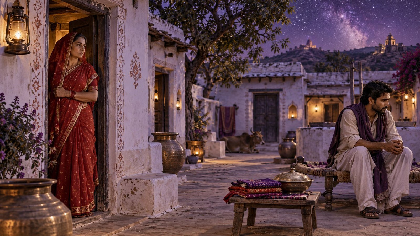 Imagined Rajasthan courtyard with an older woman and an adult son sitting apart.