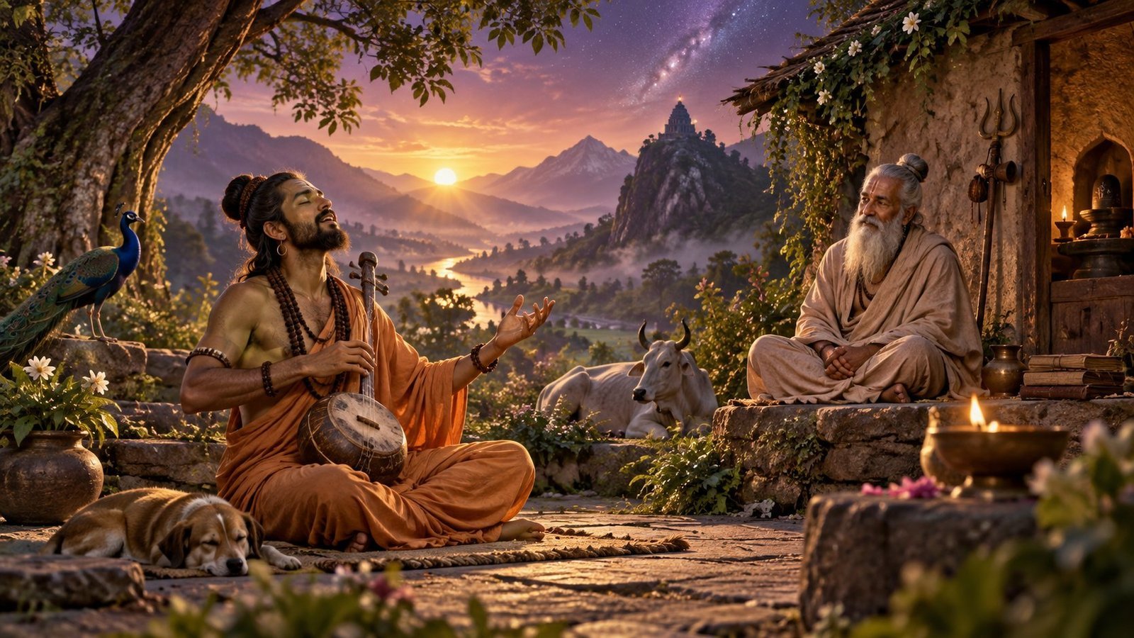 Symbolic artwork of an ascetic singing in a quiet hermitage with an elderly teacher listening.